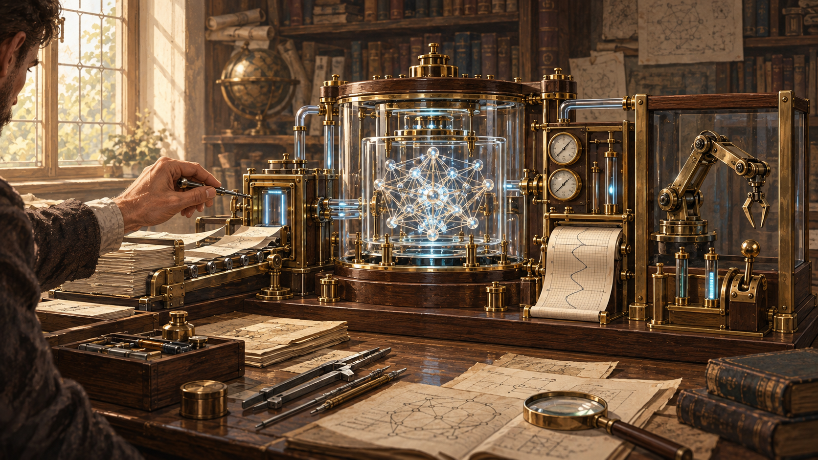 A security engineer checks a brass and glass AI apparatus with controlled document intake, a separated action arm, gauges, and a paper trace recorder.