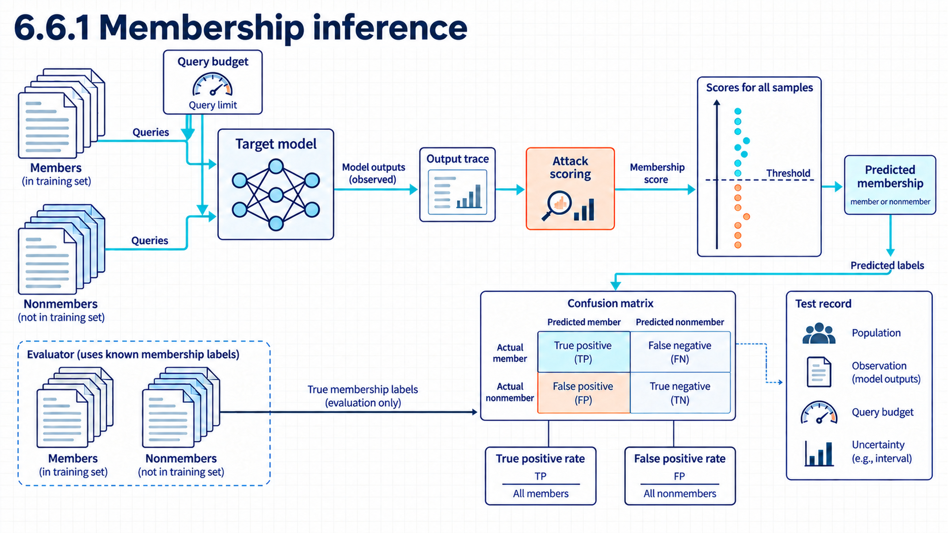 Matched member and nonmember samples share a target model, observation interface, attack score, and threshold. Known membership enters only the evaluator's confusion matrix. True positive rate uses all members as its denominator, and false positive rate uses all nonmembers. The test record states population, observation, query budget, and uncertainty.