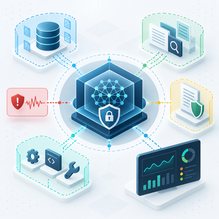 A protected AI model core connected to abstract data, retrieval, tool, policy, testing, and monitoring boundaries.