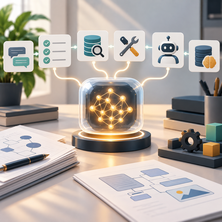 A luminous model core on an engineering desk connected to abstract evaluation, retrieval, tool, agent, and memory shapes.