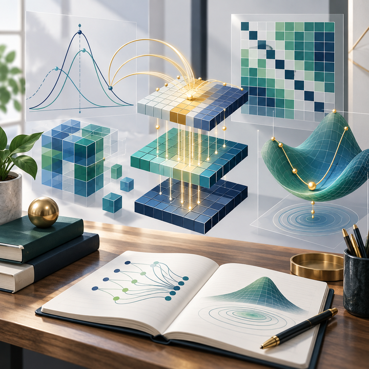 Abstract tensor blocks, probability curves, matrix tiles, and geometric surfaces on a bright study desk.