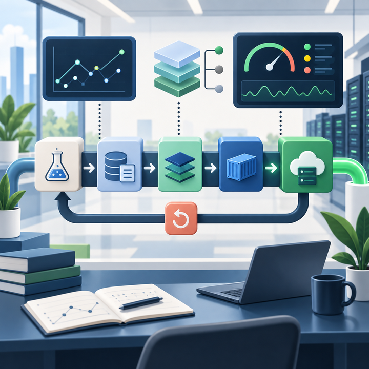 A clean operations pipeline with abstract experiment, data, model, deployment, monitoring, and rollback shapes.