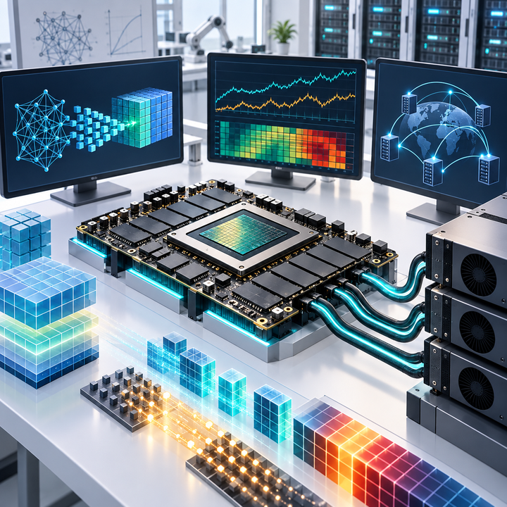An abstract accelerator board surrounded by memory tiles, compute streams, profiler heat blocks, and distributed system shapes.