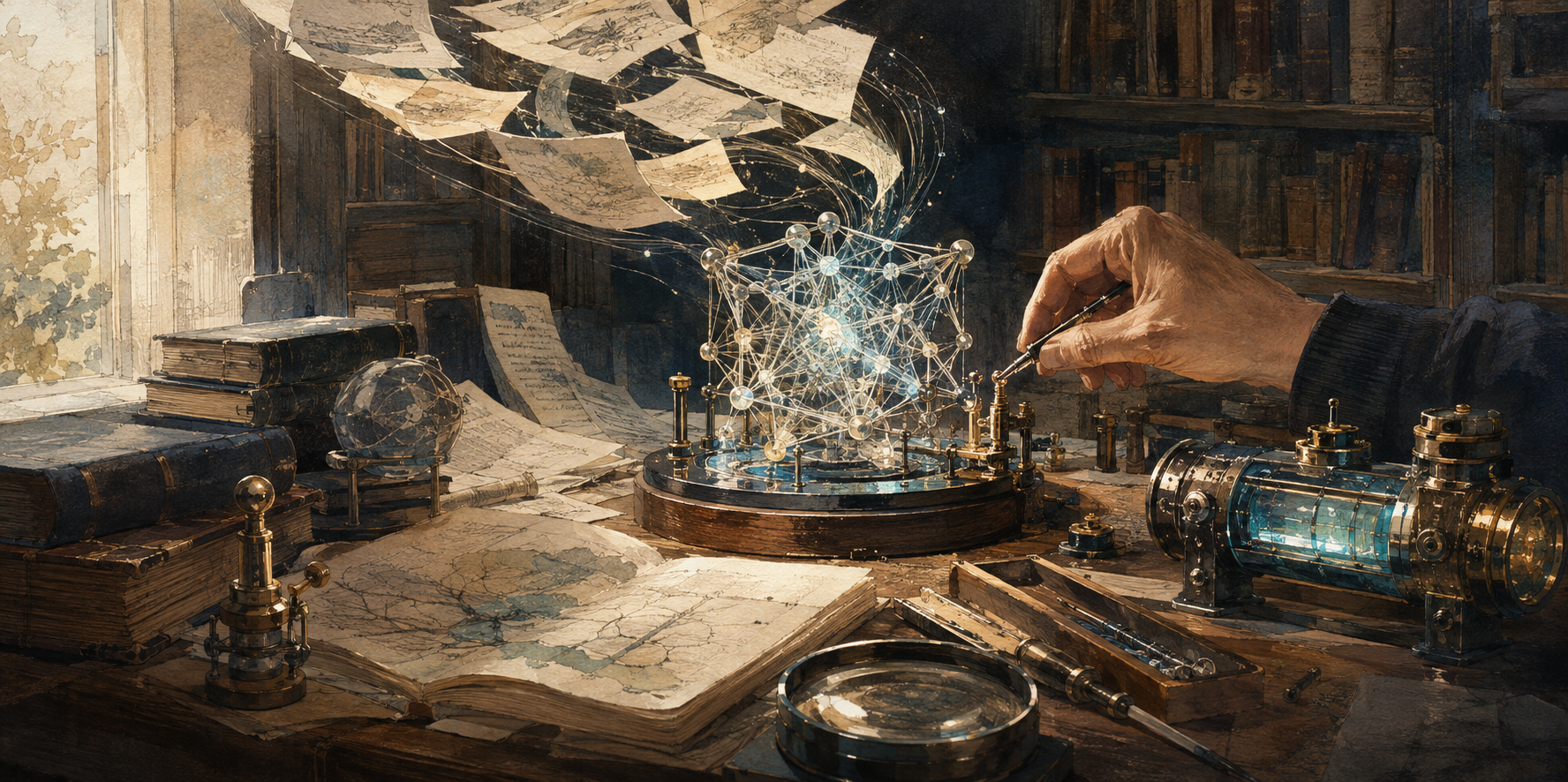 An engineer adjusts a luminous model-like instrument on a workbench surrounded by reference books, selected pages, a magnifying lens, and precision tools.