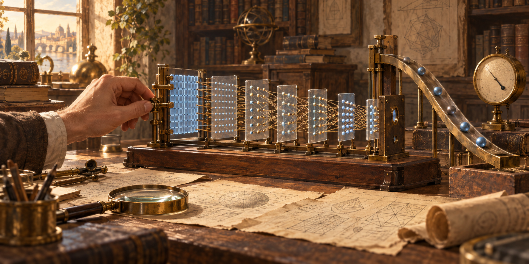 An engineer adjusts a brass instrument with translucent vector grids and connected layers, beside a descending track, measuring gauge, books, and mathematical sketches.