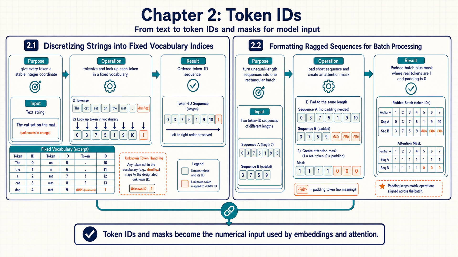 Chapter 2 map with two panels. Panel 2.1 maps a text string through tokenization and vocabulary lookup to an ordered token-ID sequence. Panel 2.2 pads a shorter sequence to a shared width and gives the aligned attention mask value 0 to each inserted padding position.