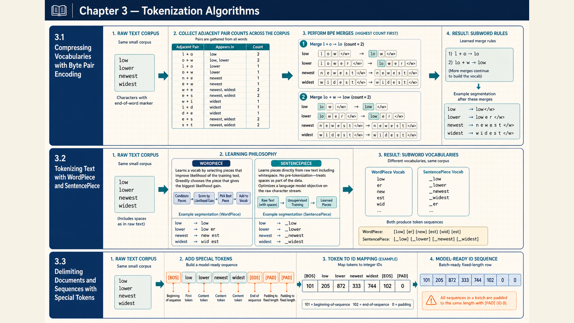 Chapter 3 opener for Tokenization algorithms, with numbered section panels, labeled inputs and operations, and the result of each stage.