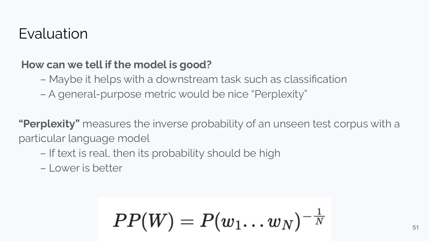 Lecture page with perplexity written as sequence probability raised to the negative reciprocal of token count.