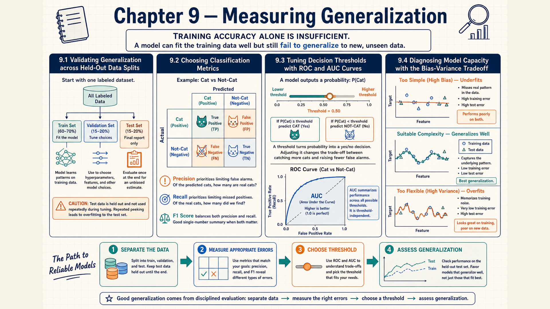 Four-panel overview containing train-validation-test roles, classification outcomes, ROC curves, and bias-variance illustrations.
