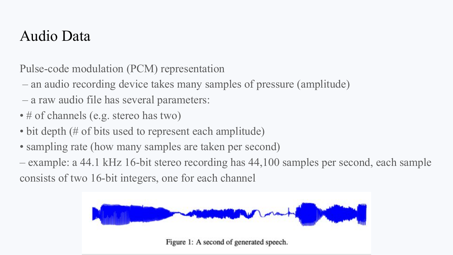 PCM page with 44.1 kHz, two channels, and 16 bits per channel sample. Its wording calls a stereo frame one sample.