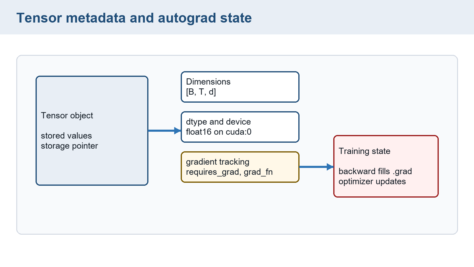 Tensor object diagram without storage strides or offset. Optimizer moments are separate state, and leaf tensors can require gradients without a `grad_fn`.
