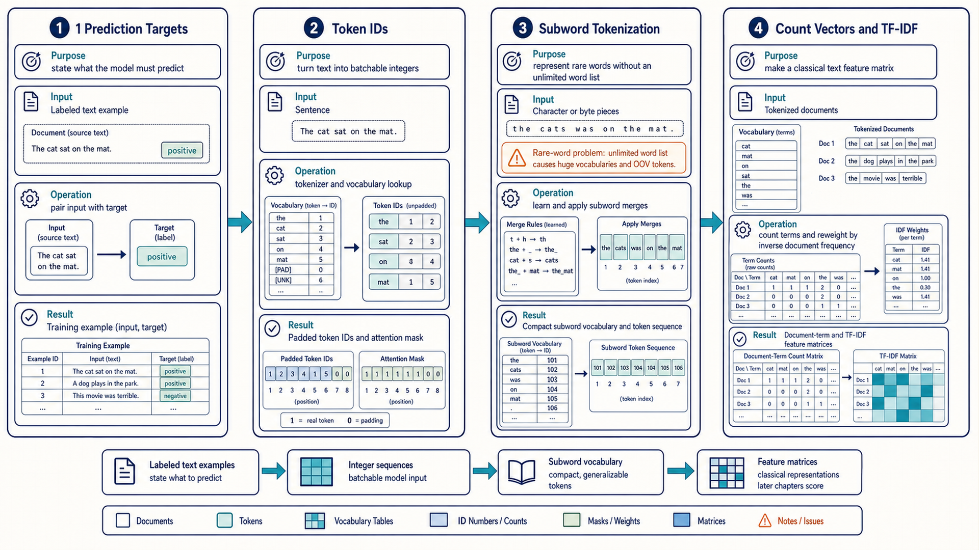 Part I opener showing the chapters in From text to mathematical objects, with each chapter's purpose, input, operation, result, and dependency arrows.