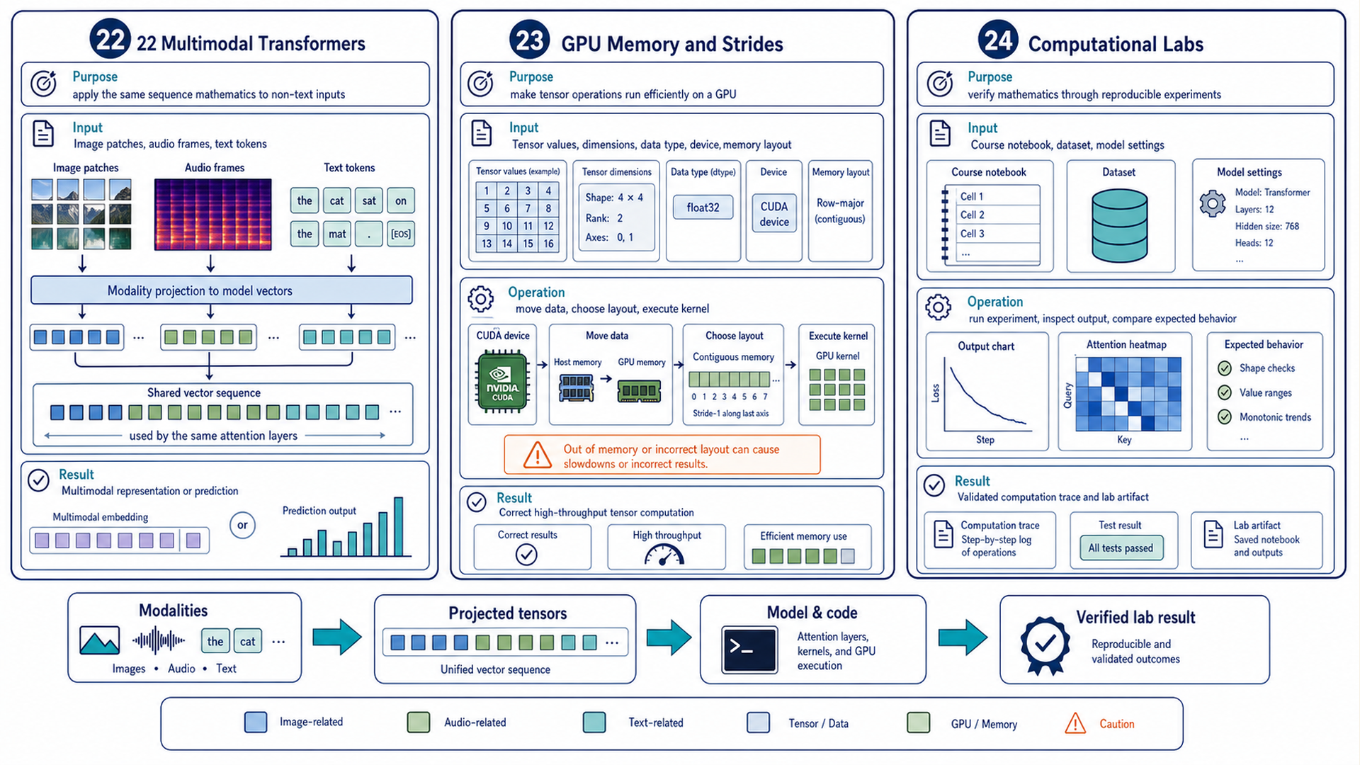 Three panels show several modality paths and tensor operations. A single shared sequence overgeneralizes model arrangements, and validation badges do not establish actual experiment results.