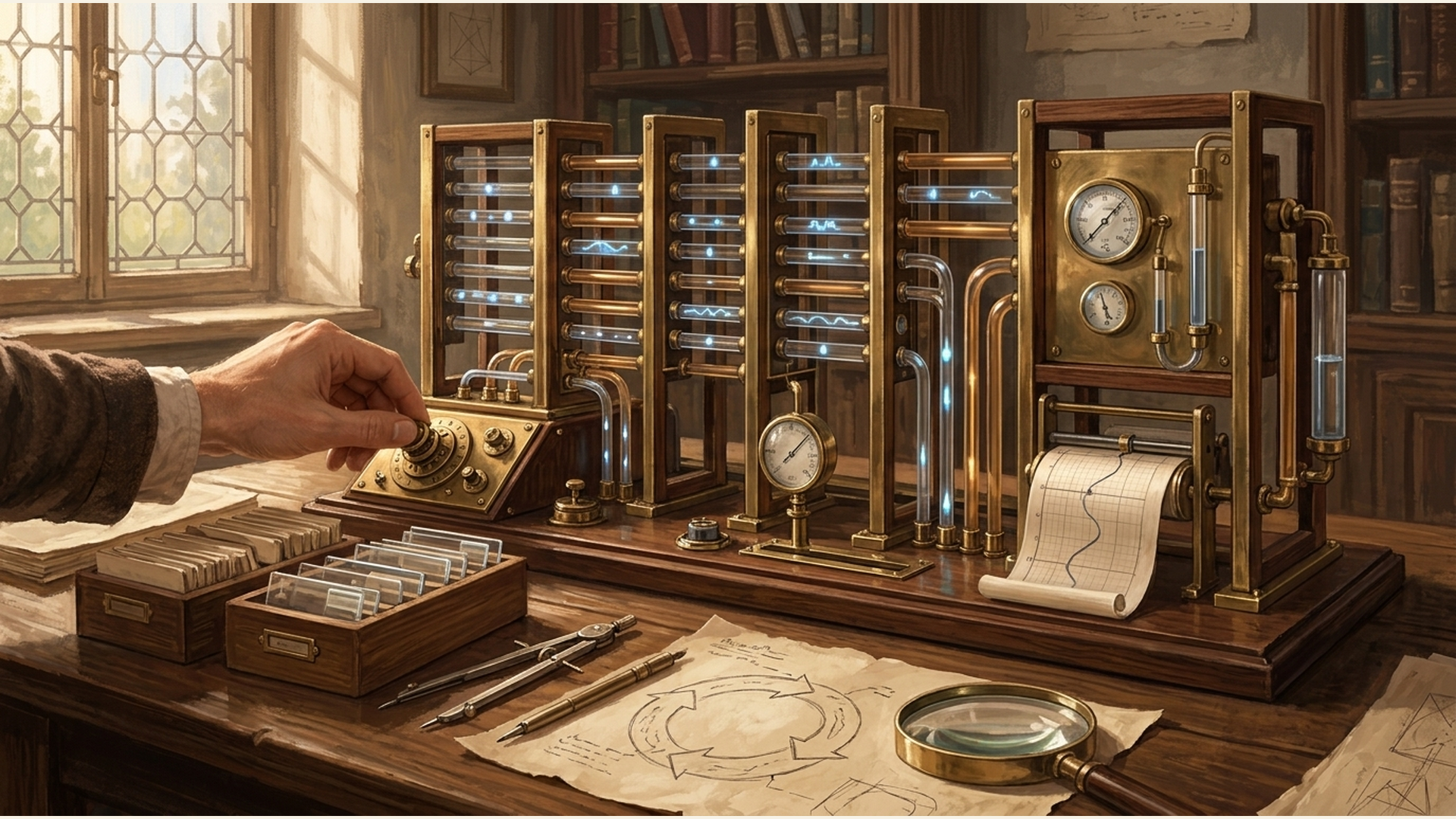An engineer adjusts a brass rotary dial on a modular tabletop instrument featuring interconnected glowing glass tubes, pressure gauges, a rolling chart recorder, and versioned slide drawers in a workshop laboratory.