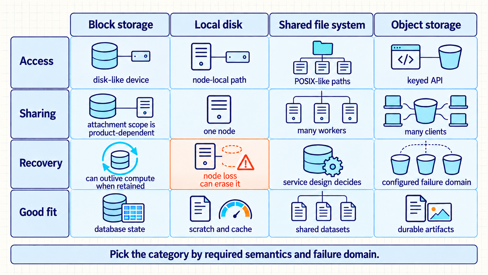 Four columns compare block, local, shared-file and object storage across access interface, sharing scope, recovery boundary and suitable role. Block attachment scope is product-dependent; retained block storage can outlive compute, while loss of the node can erase local disk.