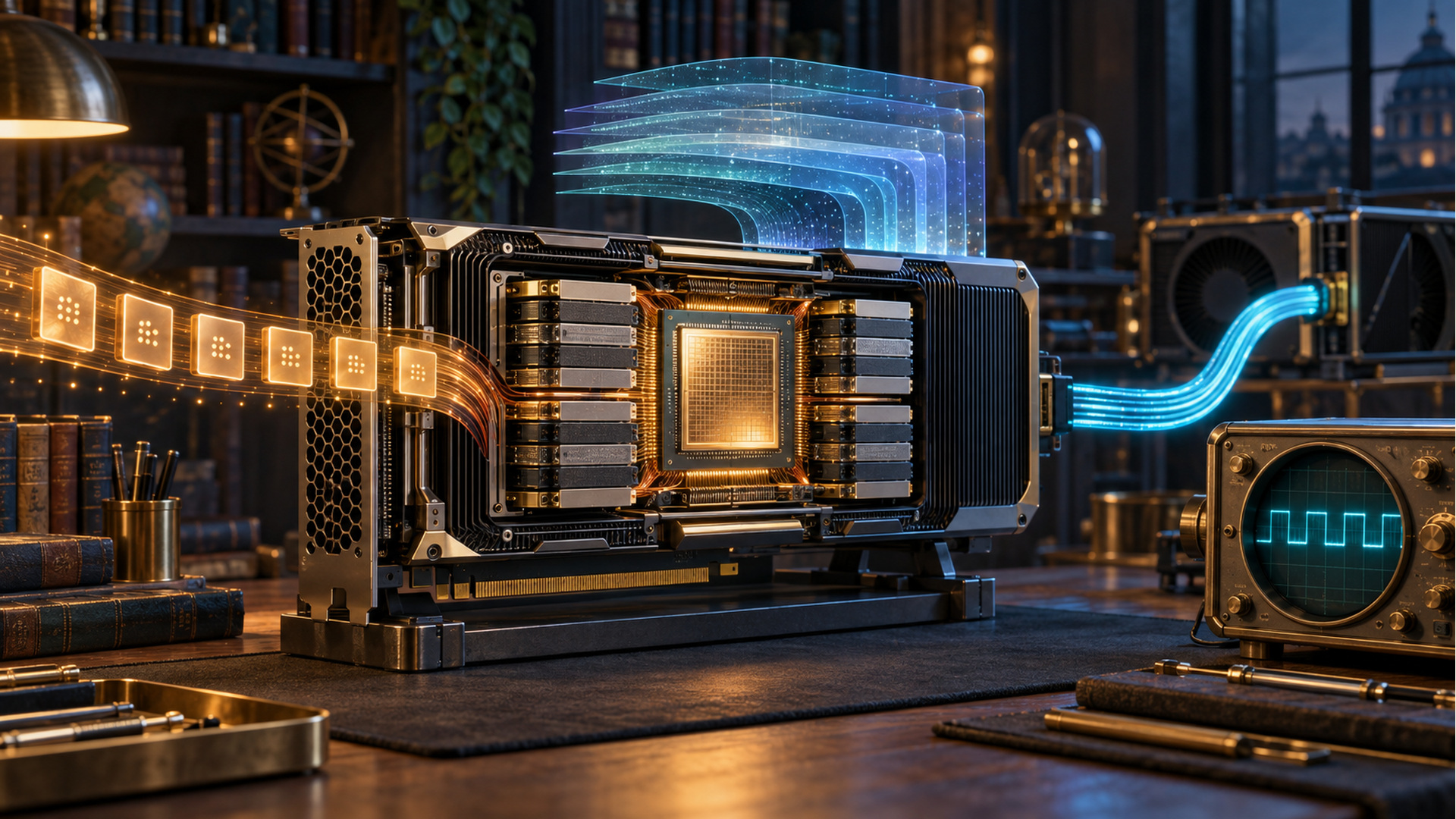 A cutaway GPU on an engineering workbench shows a compute die, memory modules, incoming token tiles, layered persistent state, a fast interconnect to a second GPU, and a timing instrument.