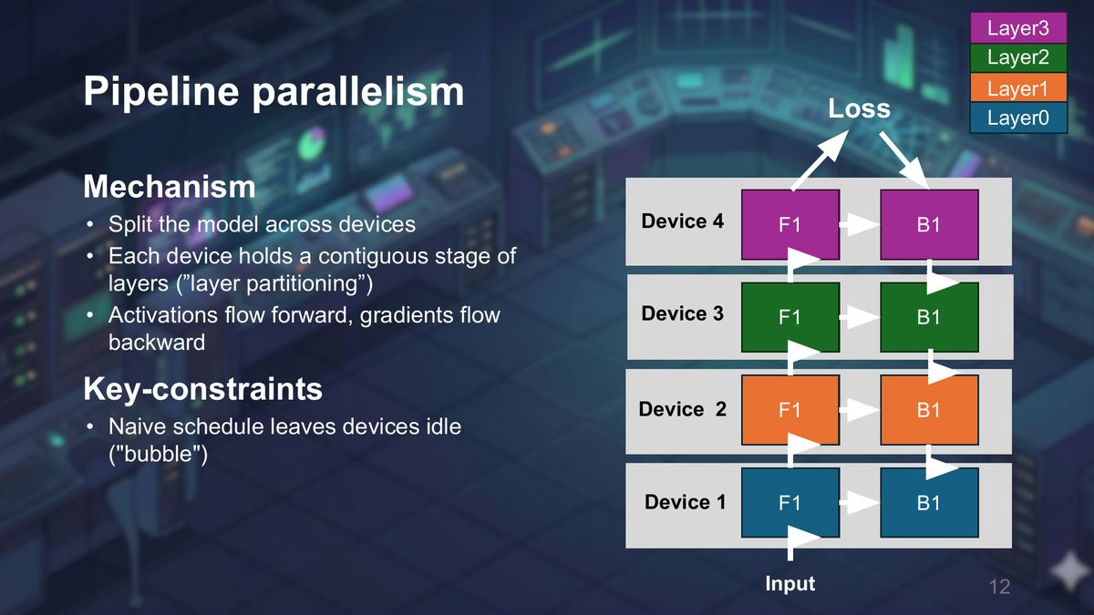 Pipeline parallelism partitions the model by layers rather than by tensor dimensions. Each stage holds a contiguous range of layers. The key trade-off is utilization versus bubbles. Micro-batches keep stages busy, but activation movement and scheduling complexity increase.