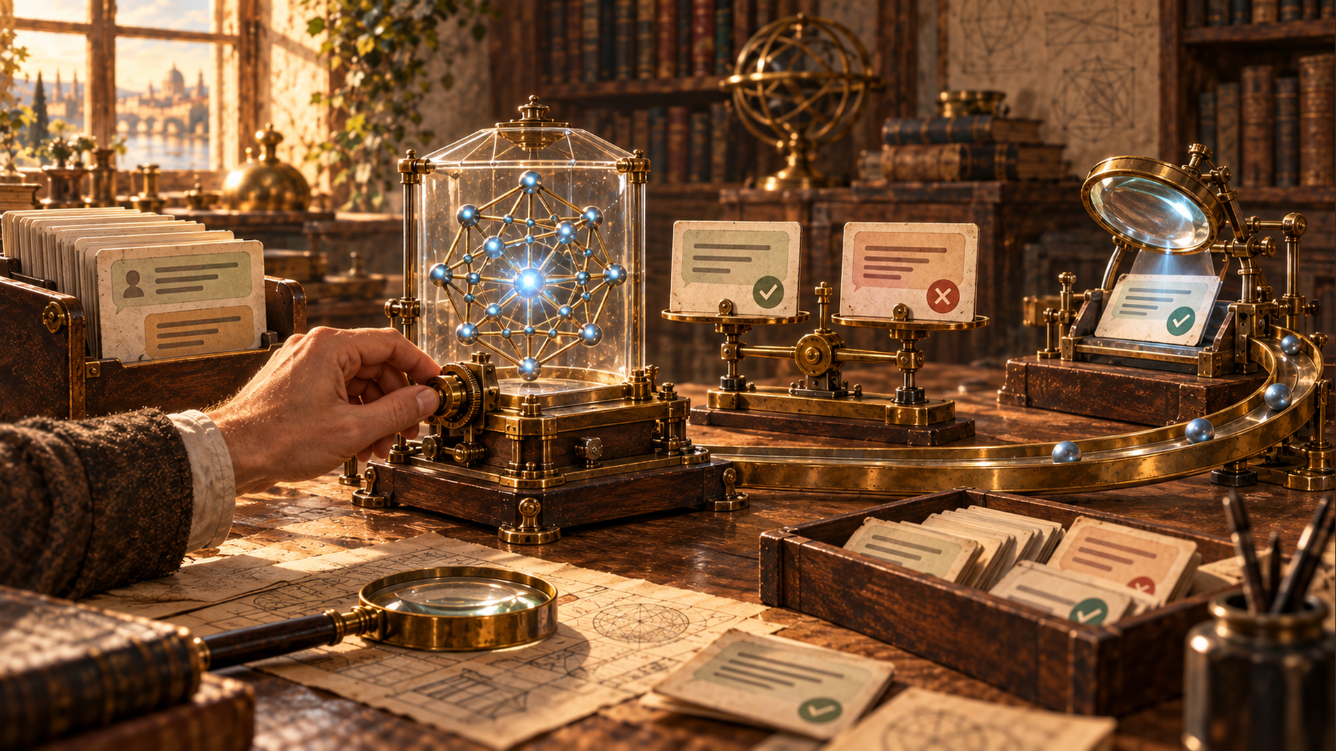An engineer adjusts a brass-and-glass model instrument beside example cards, an answer-comparison balance, and a test lens in a warm wooden workshop.
